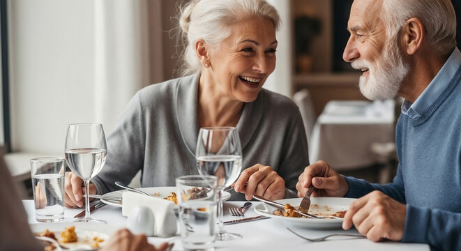 Smiling elderly friends enjoy delicious meal at restaurant table. Happy seniors engage in lively conversation, sharing joyful moments over dinner. Perfect for depicting companionship