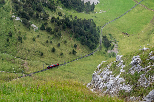 View of the Mount Pilatus cogwheel railway train climbing through lush green alpine meadows and pine forests in Alpnach, Obwalden, Switzerland.