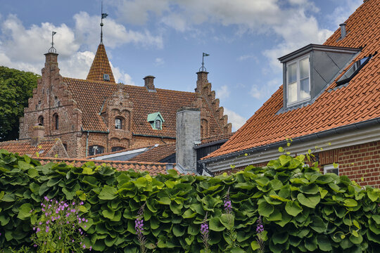View of the historic architecture in Ribe with traditional brick buildings, stepped gables, and terracotta tiled roofs behind a lush green hedge in Ribe, Syddanmark, Denmark.