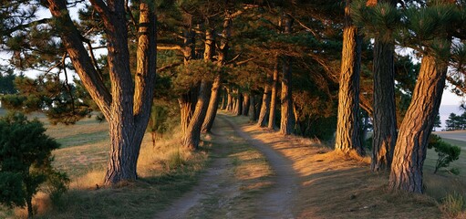 Obraz premium A tranquil country trail bordered by towering pines bathed in soft, golden sunset illumination.