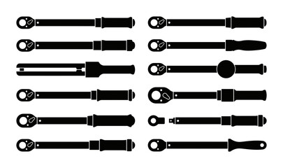 Fototapeta premium Set of twelve diverse mechanical torque wrench silhouette icons for industrial workshop equipment and automotive repair tool collections