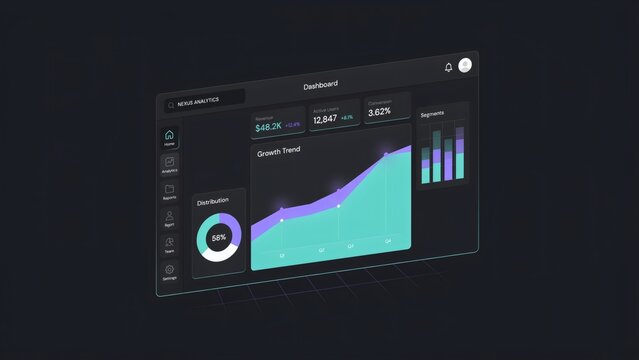 Dark mode digital analytics dashboard with dashboard interface featuring featuring colorful charts illustrates modern dark charts data metrics