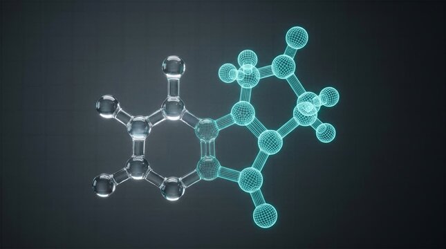 Complex chemical compound shifting from transparent glass to neon blue wireframe mesh representing digital genetic analysis and future medical data.