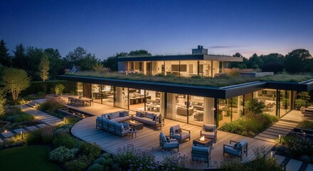 Fototapeta premium Modern luxury house with a green rooftop garden and illuminated patio at dusk.