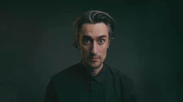 Oh, I'm surprised you appeared. Young adult man in a black collared shirt showing varied facial expressions against a dark background with soft dramatic lighting and shallow depth of field