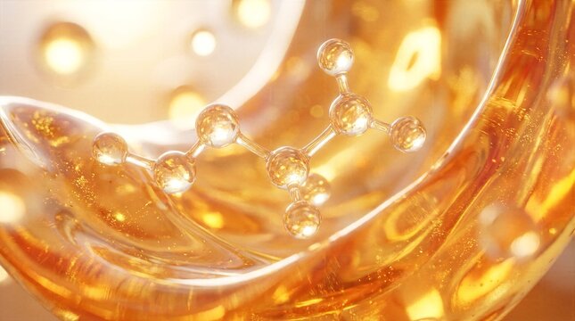 Glowing golden molecular chain floating inside a rich swirling oil vortex illustrating advanced skin repair formulas and luxury vitamin nourishment.