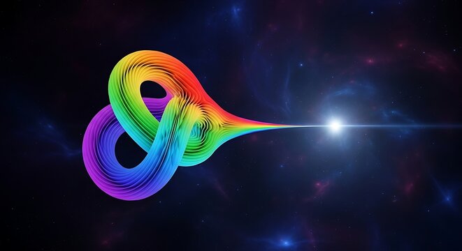 Vibrant rainbow swirling loop floating through deep dark space background