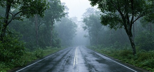 Obraz premium Through thick fog and heavy rain, a wet highway winds amid dense forest under stormy skies.