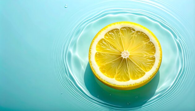 Fresh lemon slice creating elegant water ripples on vibrant blue background, refreshing citrus concept for beverage advertising and wellness branding