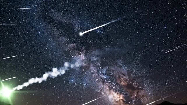 Bright bolide meteor streaks across the Milky Way night sky leaving a smoke trail during a meteor shower.