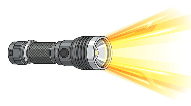 Detailed Pixel Art Illustration of a Powerful Tactical Flashlight Emitting a Bright Yellow and Orange Beam of Light Streaking Across a Dark Background Symbolizing Illumination and Discovery