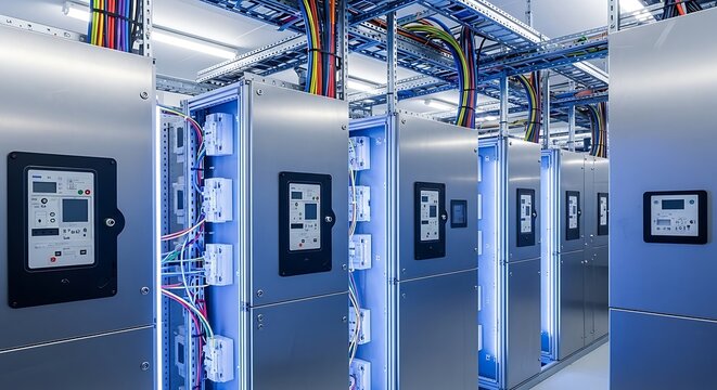 Industrial electrical control cabinets with organized colorful cables in server room