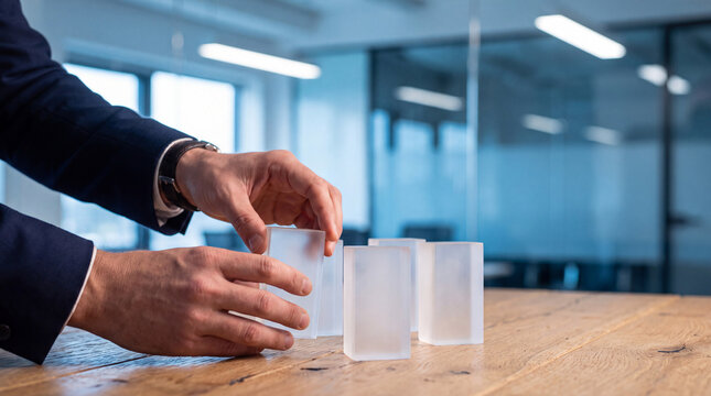 Professional hands carefully arrange translucent building blocks on a wooden desk.