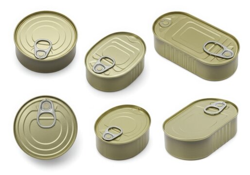 Collection of six metallic food cans with pull tabs isolated on white background