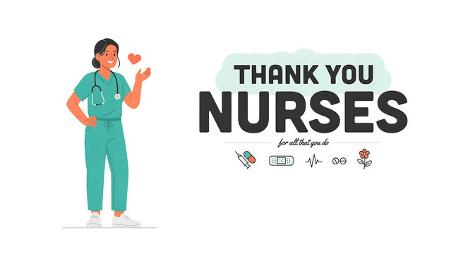 Thank You Nurses typographic lettering design with vector illustration of female doctor in teal scrubs, stethoscope, and medical icons for healthcare appreciation
