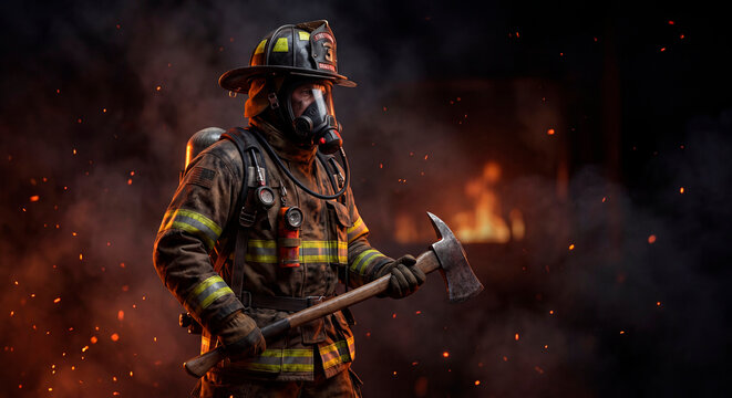 Brave firefighter in protective gear and oxygen mask holding a fire axe against a dark background of smoke and glowing embers.