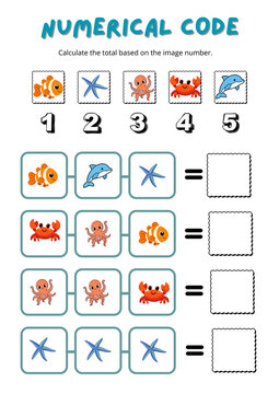 Sea-themed educational worksheet with number codes for children, math puzzle involving counting and addition, printable school activity.