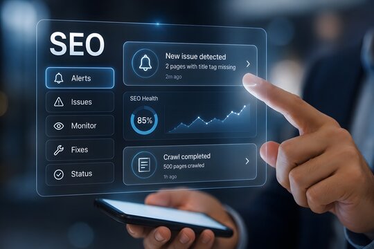 Business professional using a digital interface to analyze seo performance and website growth metrics