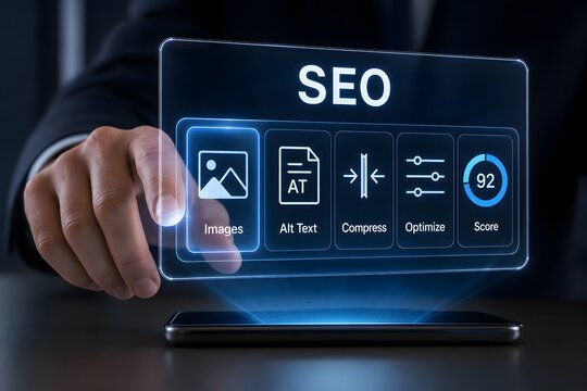 Businessman interacting with a digital interface showing seo optimization and search engine ranking