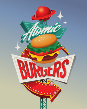 1950s googie style roadside diner burger sign, vector neon signboard template