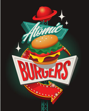 1950s googie style roadside diner burger sign, retro neon signboard vector template