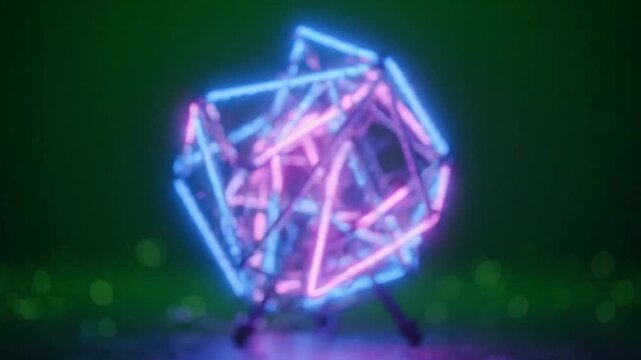 Glowing Neon Icosahedron Rotating Against a Blurred Green Background