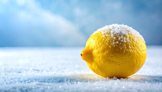 Fresh lemon covered with snow on frozen winter landscape under blue sky, seasonal freshness concept for beverage advertising and wellness campaigns