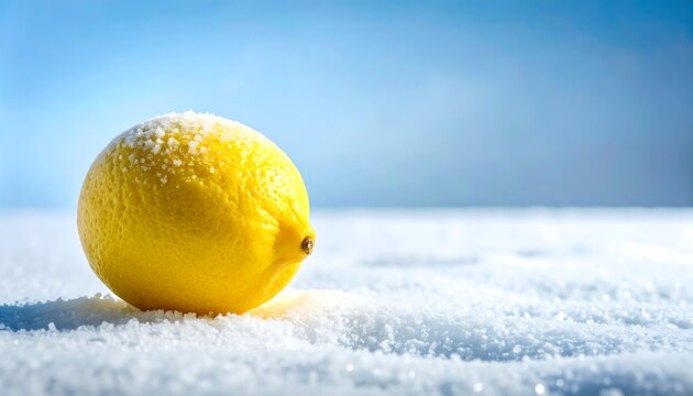 Fresh lemon covered with snow on frozen winter landscape under blue sky, seasonal freshness concept for beverage advertising and wellness campaigns