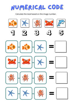 2 Sea-themed educational worksheet with number codes for children, math puzzle involving counting and addition, printable school activity.