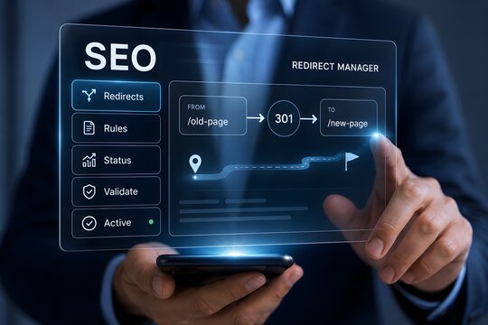 Businessman using a smartphone to manage digital seo search engine optimization data analytics
