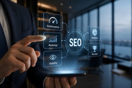 Business professional using a digital interface to optimize website seo and search rankings