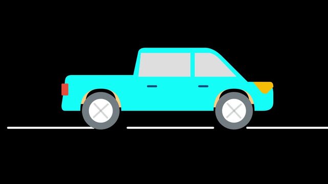 Blue pickup truck driving on black background flat animation