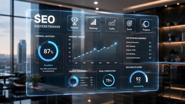 Digital seo dashboard interface showing data analytics and performance metrics for business growth strategy