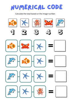 3 Sea-themed educational worksheet with number codes for children, math puzzle involving counting and addition, printable school activity.