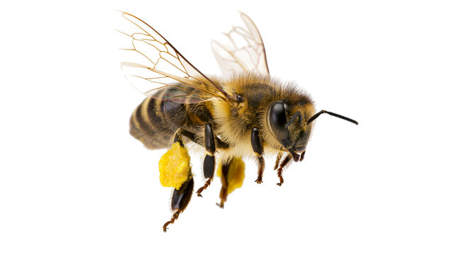 Honey bee with pollen baskets on legs flying