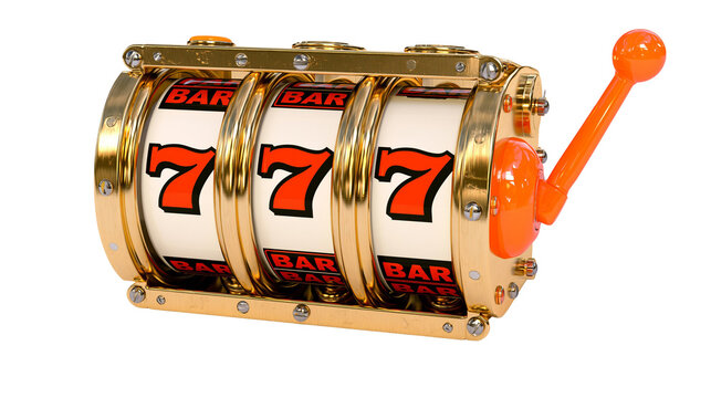 Golden slot machine with three reels showing lucky sevens and bars