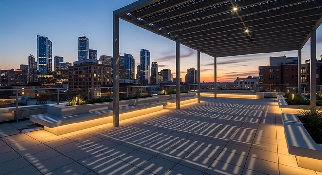 Modern rooftop terrace overlooking glowing city skyline during beautiful evening sunset
