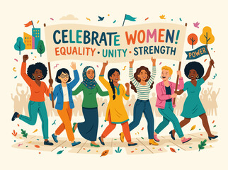 Obraz premium Group of diverse women marching together flat vector illustration