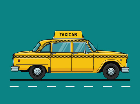 Classic yellow taxi cab side view flat vector illustration