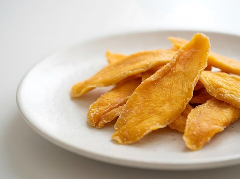 Delicious crispy golden french fries served on a clean white ceramic plate for a tasty snack meal. dried mango flakes