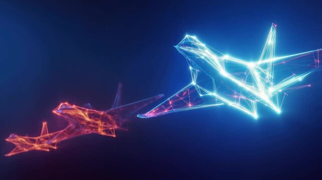Futuristic digital rendering of two abstract aircraft, one in fiery orange and the other in cool blue. ..Created with Generative AI, not depicting real subjects.