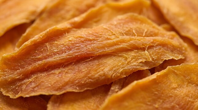 Close up of crispy fried bacon strips on a rustic wooden table for a delicious morning breakfast. dried mango flakes