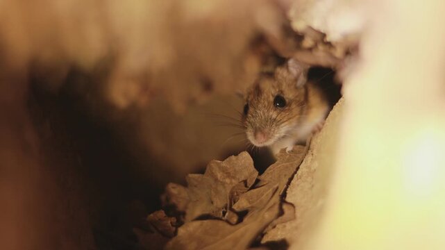 Curious wood mouse (Apodemus sylvaticus) observing from hidden burrow tunnel in cinematic close up