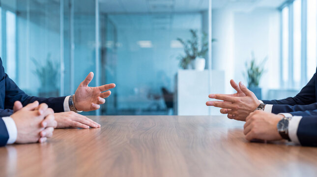 Two groups of business professionals engaged in an intense meeting or negotiation at a modern office table.