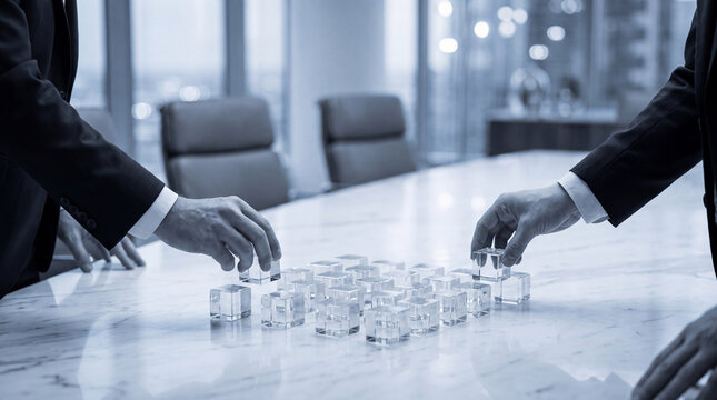 Two businessmen's hands arranging clear, small cubic blocks on a marble table, symbolizing strategic business planning.