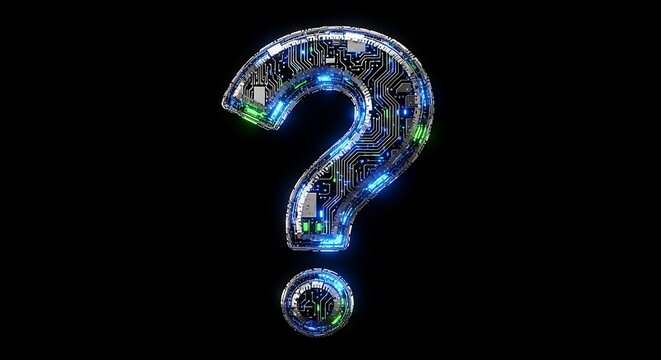 Glowing digital question mark symbol made of intricate circuit board patterns