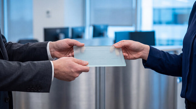 Two professionals exchanging a clear, rectangular glass or plastic material.
