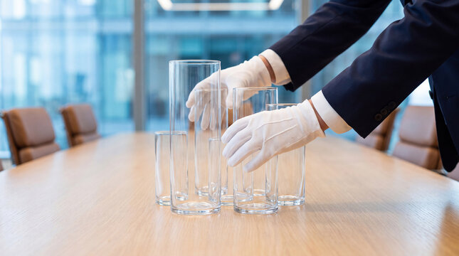 Professional attendant arranging pristine empty glasses on a modern conference table, preparing for a business meeting.