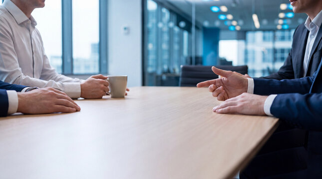 Anonymous business people in formal attire gathered around a conference table during a meeting or negotiation.
