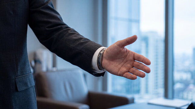 Confident executive in a stylish suit presenting an open hand for a friendly handshake in an office.